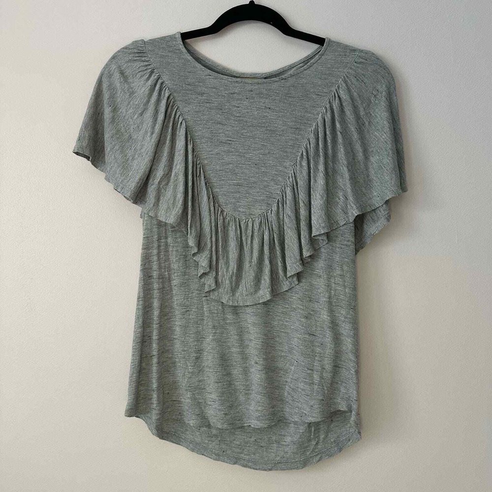 Dolan XS Top Heather Gray Short Sleeve Ruffle Flutter V-Neck Accent Made in USA